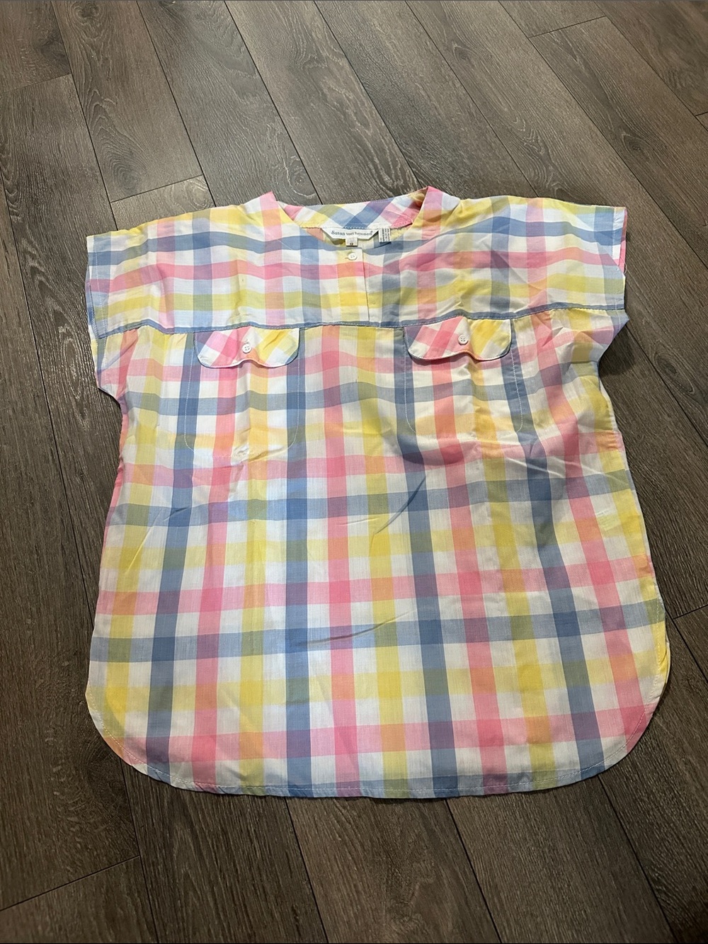 Van Heusen Pastel Plaid Short Sleeve Top in Pink, Yellow & Blue